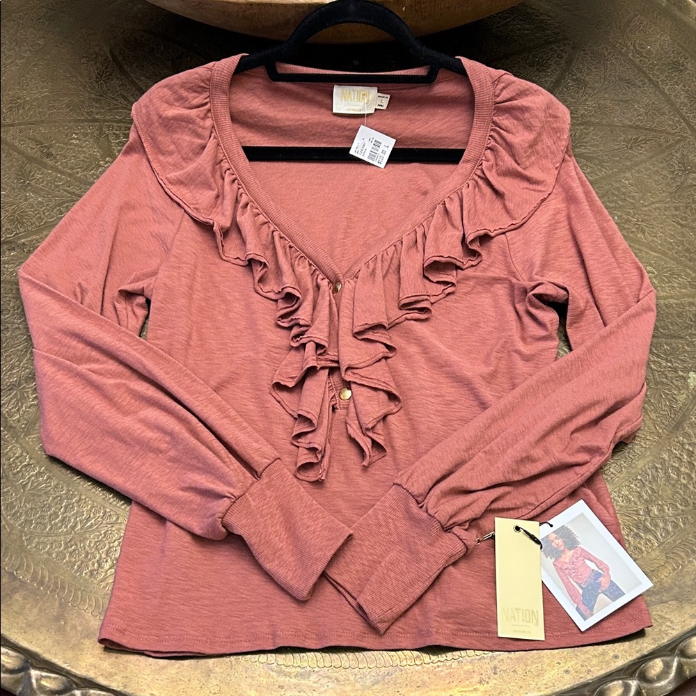 Women's Ruffled V-Neck Top by Nation LTD Los Angeles New w/ Tag